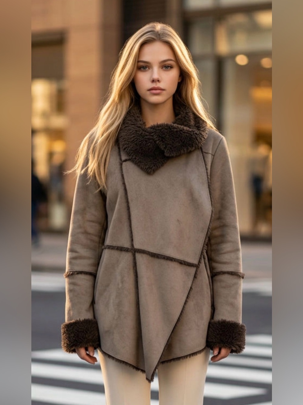 Women's Taupe Faux-Shearling Teddy Jacket with Plush Collar